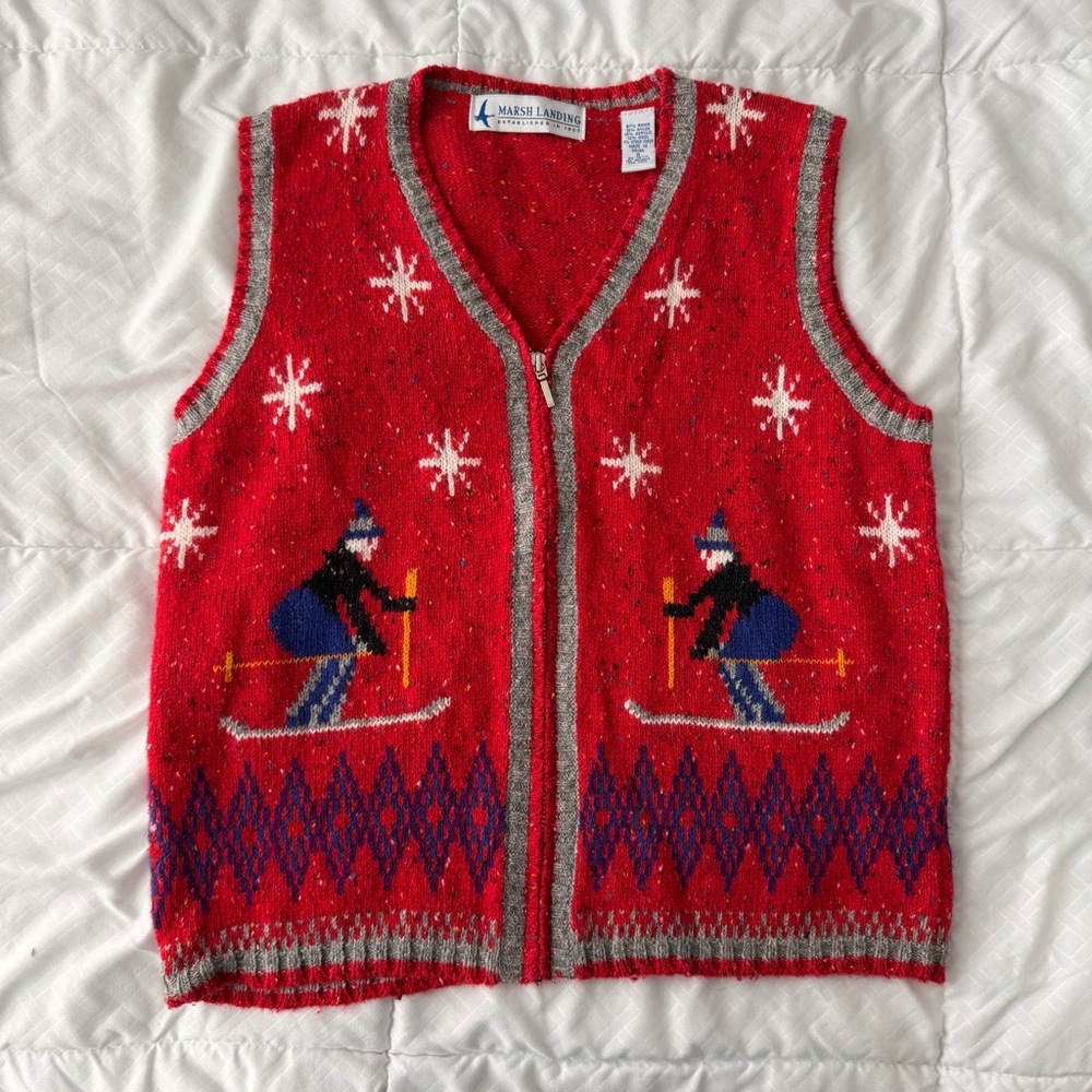 Vintage Marsh Landing Sweater Vest Women’s S Full Zip Knit Red Skiing Winter 90s
